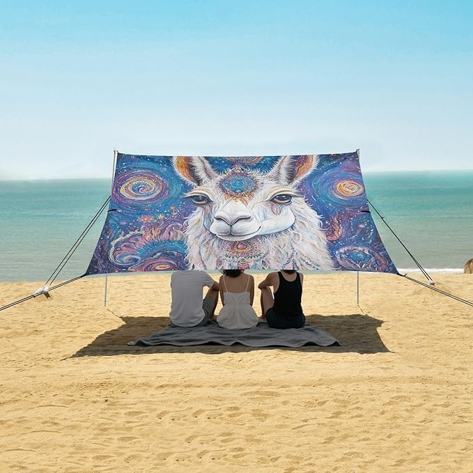ALAZA Boho Llama Visionary Art Beach Tent Sun Shelter UPF50+ Protection Beach Shade Canopy w/ 4 Sandbags for Outdoor Camping Fishing Backyard Fun Picnic 10x9 ft