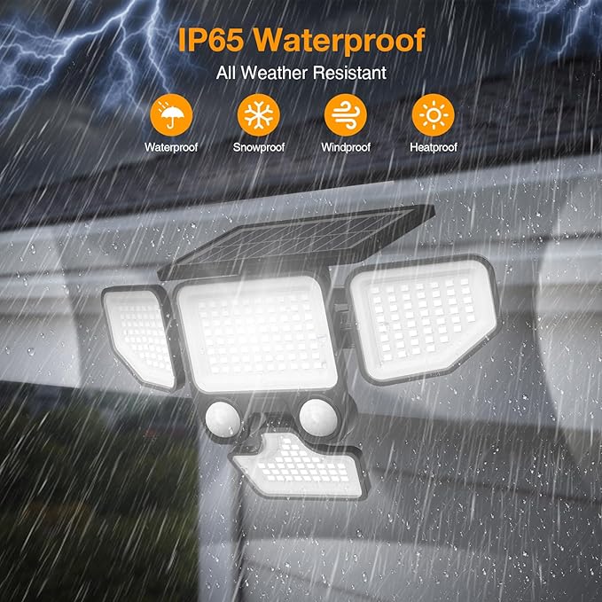 Onforu 3000LM Solar Lights Outdoor 4 Heads Solar Security Lights with Remote Control 180 LEDs IP65 Waterproof Motion Sensor Lights 3 Modes Flood Lights for Wall Porch Yard Outside 3 Pack