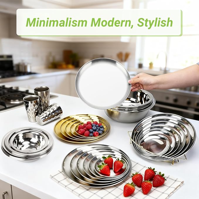 Metal Dinner Plate 10 Pack 10.2 inch Large 201 Stainless Steel Plates Reusable Lunch Salad Pizza Food Serving Snack Eating Dishes Round Brushed Finish Silver Sturdy Dish Oven Dishwasher Safe