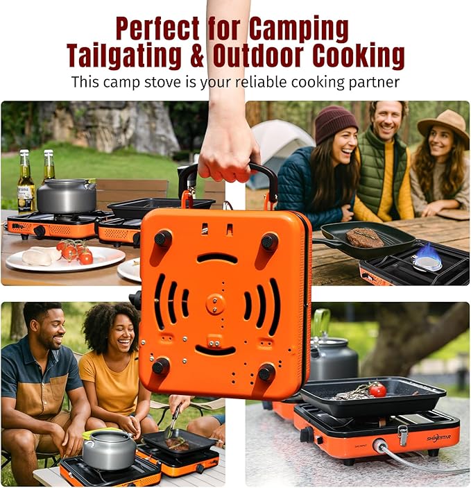 SHINESTAR 2 Burner Camping Stove with Windshield 17000 BTU Portable Propane Camp Stove Foldable Gas Stove for Camping Outdoor Cooking RV Trips or Emergencies