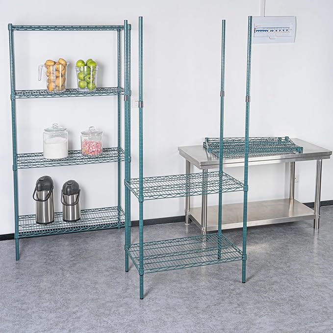 Restaurantware-Shelving Posts ONLY: Chef 101 74 Inch Shelving Posts 4 NSF Certified Epoxy Poles - Shelves Sold Separately with 4 Leveling Feet Green Steel Poles No Corrosion