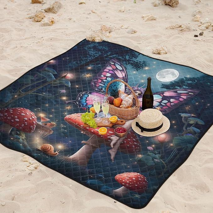 Fairy Mushroom Blue Picnic Blanket Waterproof Camping Rug Large Picnic Blankets Outdoor Beach Blanket Mat for Family Vacation Accessories 79''x79''