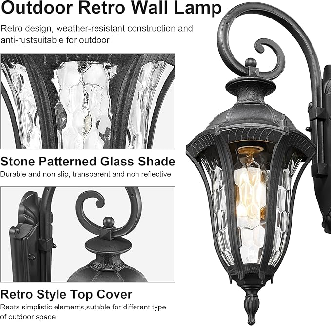 Outdoor Lights Fixtures Wall Mount Outdoor Sconce Lighting Anti-Rust Exterior Porch Light Waterproof Aluminum Outside Lamp with Water Ripple Glass for Home Garden Patio Garage