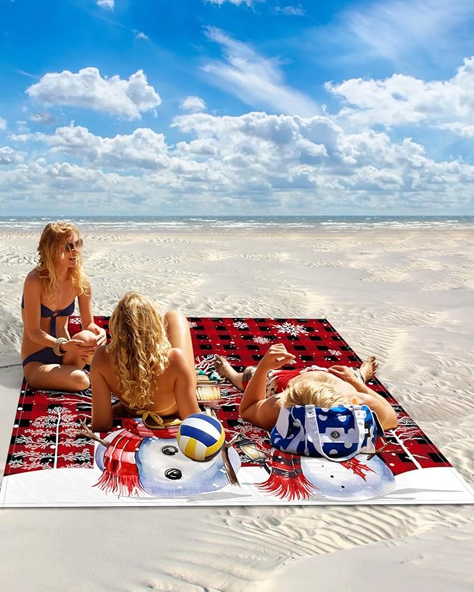 Beach Blanket Waterproof Sandproof OversizedCartoon Snowman Red Buffalo Check Beach Mat with Corner Stakes Sand PocketsSnowflakes Snow Tree Outdoor Picnic Mat for Travel Camping Hiking 83x79In