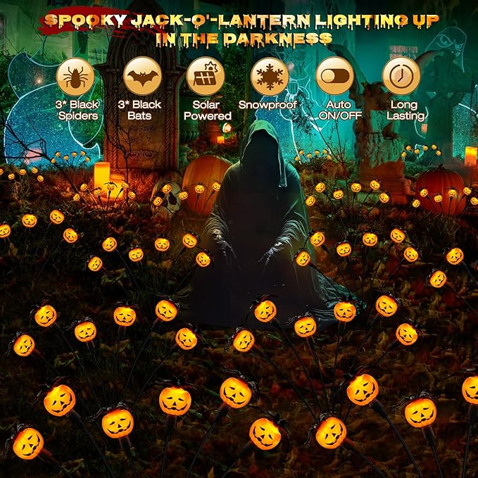 Halloween Decorations Outdoor 4 Pack Solar Lights 24 LED Scary Pumpkin Swaying Firefly Lights with Spider &amp Bats for Outside Garden Yard Lawn Grave Cemetery Ghost Decor Party Orange