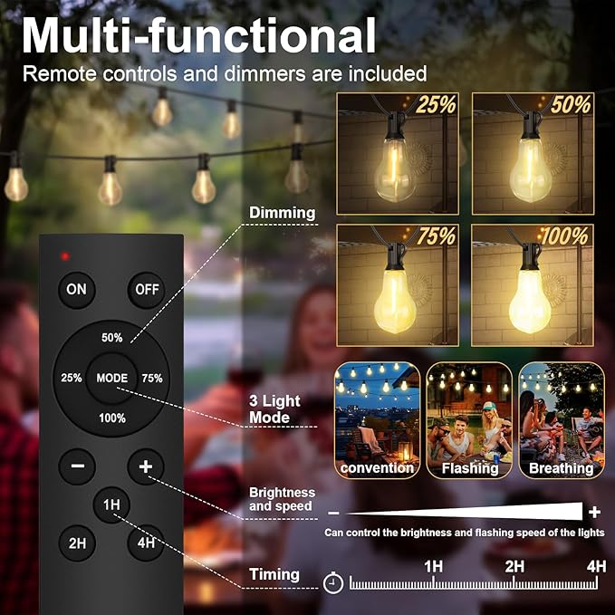 75FT Outdoor String Lights Waterproof with 50+4 Bulbs (1.5FT Bulbs Spacing) Remote &amp Dimmer Commercial Patio String Lights with 3 Mode Light &amp Timing 100PC Mounting Ties for Outside