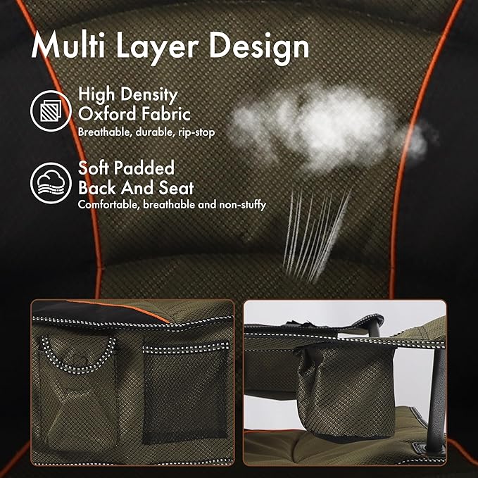 Oversized Camping Chair Heavy Duty Steel Frame 450 LBS Capacity Collapsible Padded Arm Chair with Cup Holder Lumbar Support Portable for Outdoor Garden Beach Home (1 Green)