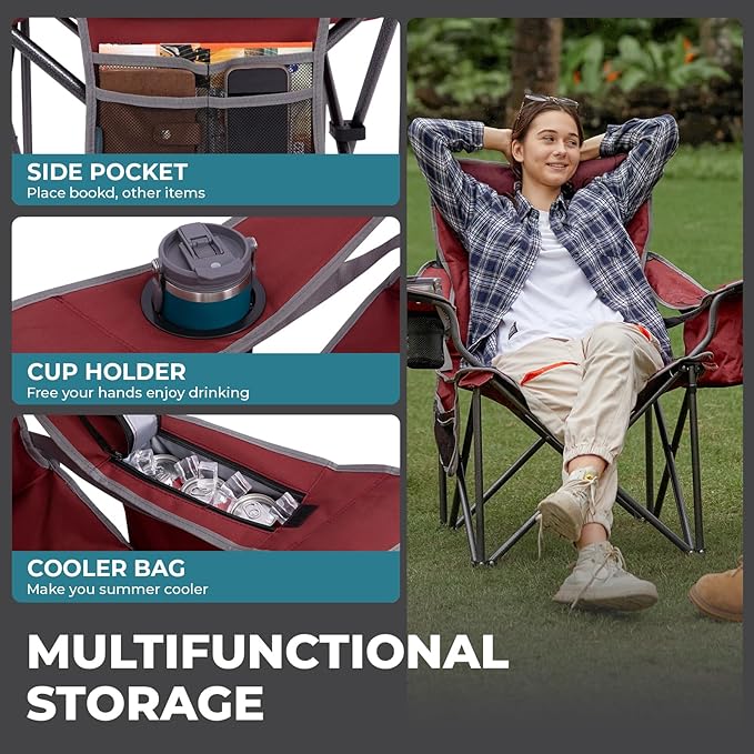 FUNDANGO Oversized Camping Chairs for Adults Heavy Duty Fold Up Sports Games Lawn Chairs Extra Wide Big Man Outdoor Chairs with Padded Lumbar Support Backrest Bag Included for Camp Beach 2 Pack