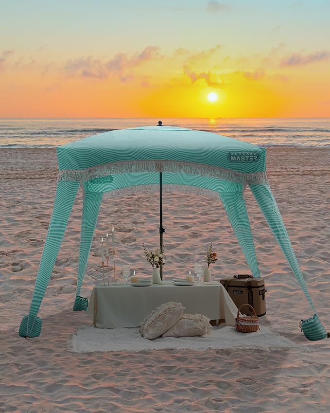 OutdoorMaster Beach Cabana with Fringes Portable 6' x 6' Beach Canopy for Sand Easy Set Up Beach Shelter Included Side Wall UPF 50+ UV Protection Sun Umbrella - for Family &amp Friends