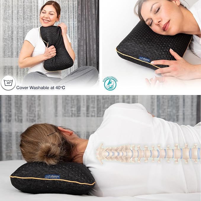 alkamto Travel &amp Camping Comfortable Memory Foam Pillow – Easy to Carry Portable Bag – Temperature Regulating Pillow Case (Black)