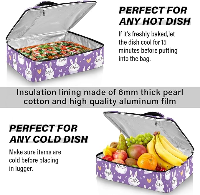 Casserole Carrier Purple Rabbit PatternInsulated Casserole Carrier for Hot or Cold Food Thermal Lunch Tote for Potluck Parties Picnic Beach Fits 9 x 13 Inches Baking Dish