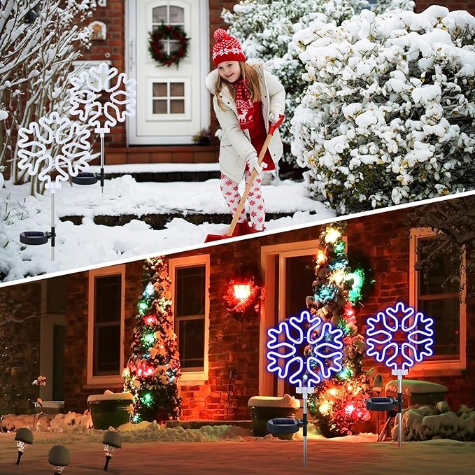 2 Pcs Solar Christmas Snowflake Garden Stake Lights Waterproof Xmas Snowflake Solar Landscape Path Lights for Outside Stakes Xmas Light Stake for House Yard