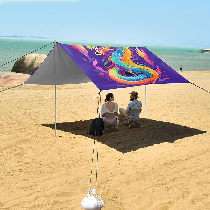 ALAZA Rainbow Dragon Beach Tent Sun Shelter UPF50+ Protection Beach Shade Canopy w/ 4 Sandbags for Outdoor Camping Fishing Backyard Fun Picnic 10x9 ft