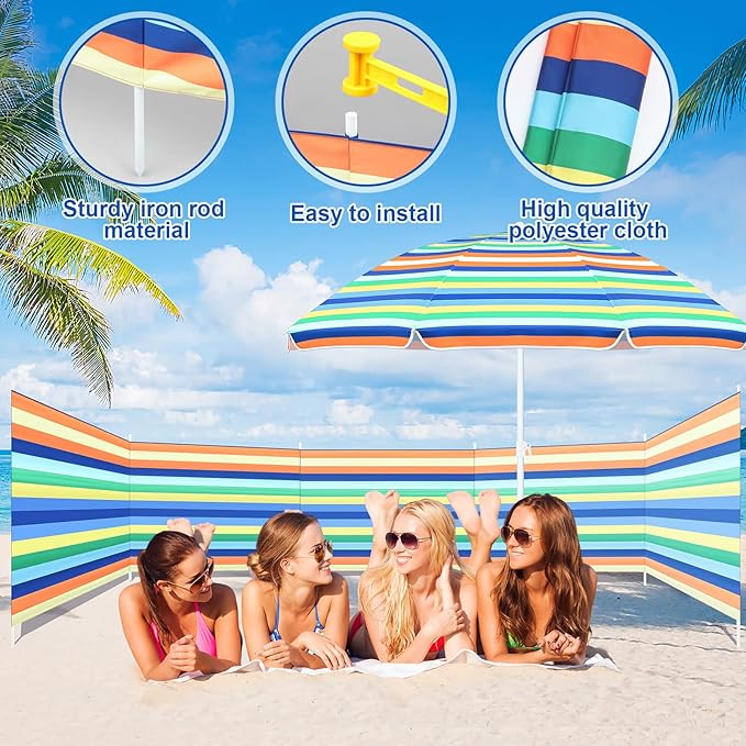 Sliner 20ft Beach Wind Screen with 5.5ft Beach Umbrella Set UV 50+ Wind Blocker Fence for Sand Outdoor Portable Windscreen Sunbathing Privacy Screen Includes Bag &amp Hammer(Multicolor)