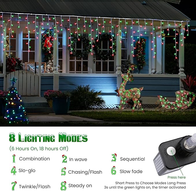 Toodour Red &amp Green Christmas Icicle Lights 29.5ft 360 LED Icicle Lights 8 Modes 60 Drops Window Curtain Led Christmas Light Icicle Twinkle Light for Eaves Party Wedding Xmas Decorations