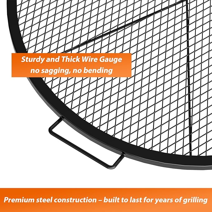onlyfire Round Fire Pit Grill Grate Heavy-Duty Steel Cooking Grate with X-Marks Design Portable Campfire Grill for Outdoor BBQ Camping Picnics - 36 Inch