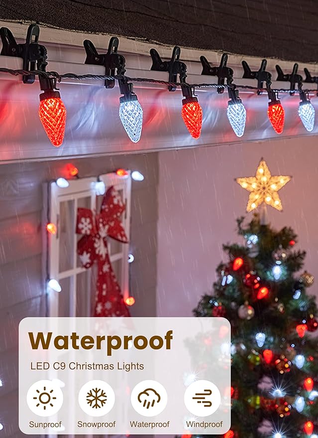 C9 LED Christmas Lights Outdoor 68 Feet 100 LED Strawberry String Lights With 100 Spring Clamps Waterproof Commercial Grade Extendable for Outside Roofline Patio Home Xmas Decoration Red &amp Whit