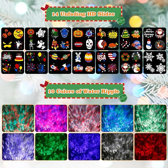 Halloween Christmas Projector Lights Outdoor Brighter 14 HD Slides (3D Ocean Wave +Patterns) Waterproof Holiday Projector Lights Outdoor Indoor Xmas Halloween Decorations for Yard Garden