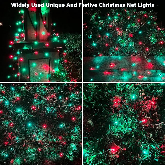 HISHINY LED Christmas Net Lights Outdoor6ftx6ft 144LED Green Wire Connectable Indoor Outdoor Bush Mesh Net Lights String for Halloween Christmas PartyShrubYardTree（Red &amp Green）