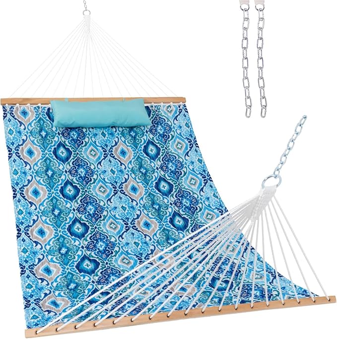 Lazy Daze Hammocks 12FT Quilted Fabric Hammock with Soft Pillow Double 2 Person Tree Hammock with Spreader Bar for Outdoor Outside Patio Garden Yard Pool Beach 450lbs Capacity