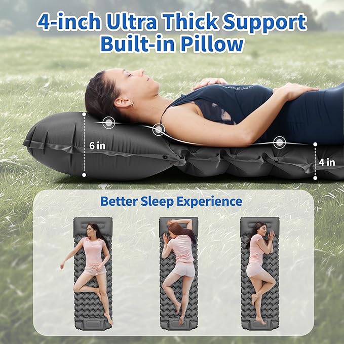 Sleeping Pad for Camping - 4” Thick Inflatable Camping Mat with Built-in Pump &amp Pillow Ultralight Self Inflating Camping pad Backpacking Sleeping Mat for Hiking Tent Traveling