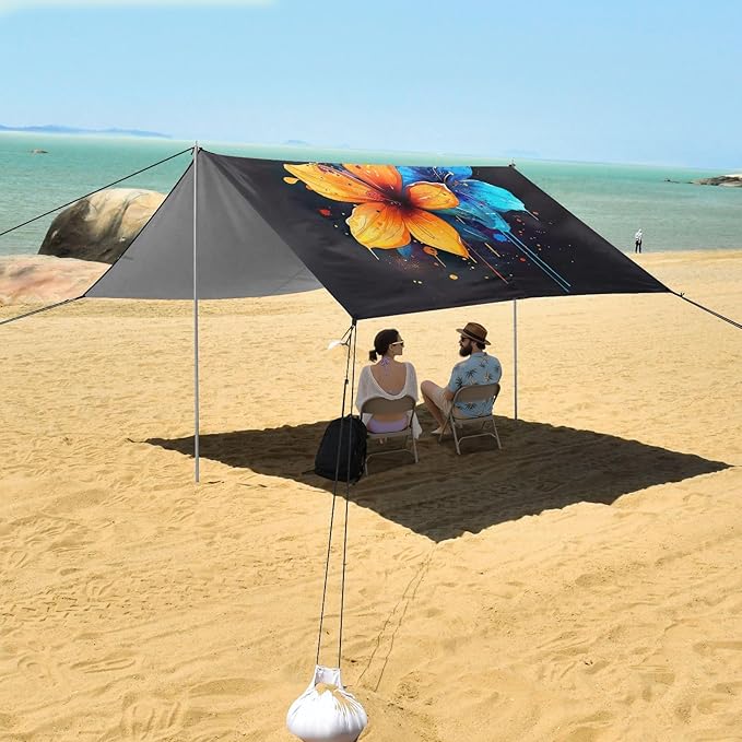 Watercolor Flower Design Beach Tent Sun Shelter 9.2' x 10.5' Beach Canopy with 4 Sandbags 4 Stability Poles Sand Shovels - Tent Canopy for Beach Camping Fishing Picnics