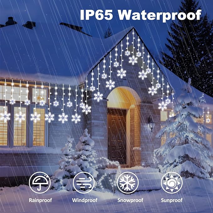 Christmas Snowflake Curtain String Lights 10.2FT 156LED Icicle Lights for Outside with 12 Drops 8 Modes Waterproof Connectable Fairy Window Light for Eaves Garden Yard Indoor Outdoor Xmas Decor
