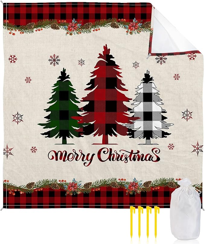 Beach Blanket Waterproof Sandproof OversizedChristmas Red Buffalo Grid Tree Shadow Snowflake Beach Mat with Corner Stakes Sand PocketsWinter Berry Flower Plant Picnic Mat for Travel 118x108In