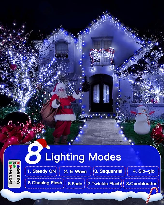 Christmas Lights Outdoor Waterproof 196FT 600LED String Lights with Remote8 Modes LED Lights Plug in Twinkle Fairy Light for Party Holiday Decor (Blue+White)