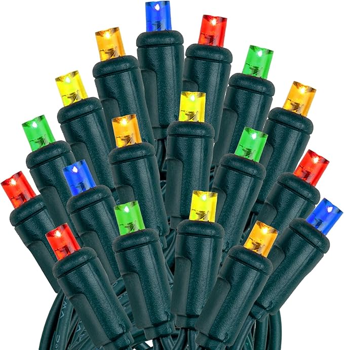 Novelty Lights 50ft 100 LED Multicolor Christmas Lights Outdoor/Indoor 6 Spacing Green Wire String Lights for Festive Xmas Lighting IP55 UL Listed Dimmable Connectable