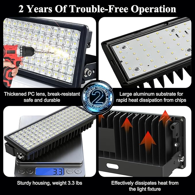 Kekeou 100W 2Pack LED Flood Light Outdoor 200W 28000LM 85-305V LED Stadium Light. 5000K Super Bright Arena Lights IP67 Waterproof Field Lights for Farms Boats Powered by Generators
