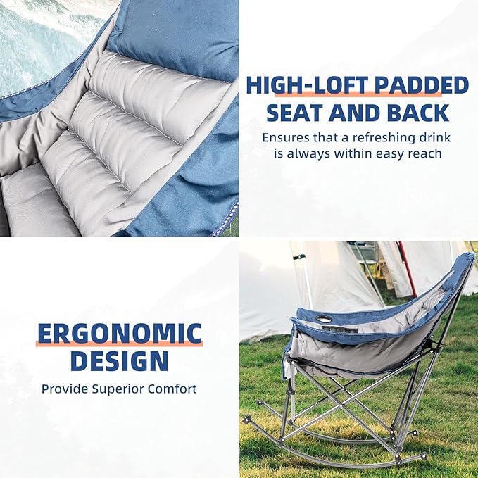 Oversized Rocking Camping Chair for Adults - Heavy-Duty 400lbs Capacity Portable Folding Camp Chair with Side Pocket Fully Padded Outdoor Rocking Chair for Camping (Light Blue &amp Gray)