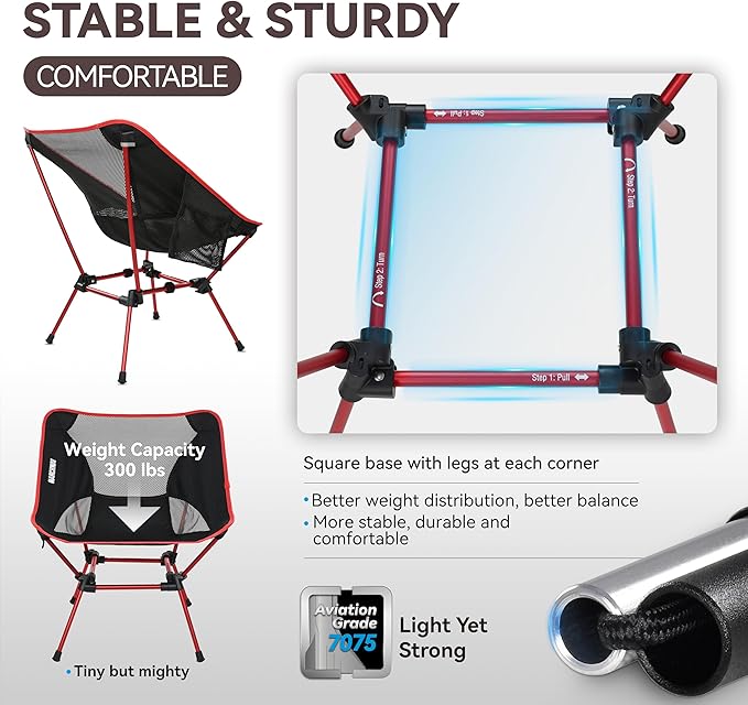MARCHWAY Ultralight Folding Camping Chair Heavy Duty Portable Compact for Outdoor Camp Travel Beach Picnic Festival Hiking Lightweight Backpacking (Red)