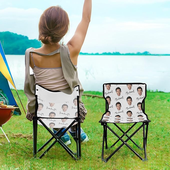 Sinestour White Custom Photo Folding Camping Chair for Teen Child Personalized Name 14.6×14.6in Portable Outdoor Chair with Carry Bag for Picnic Barbeques Beach