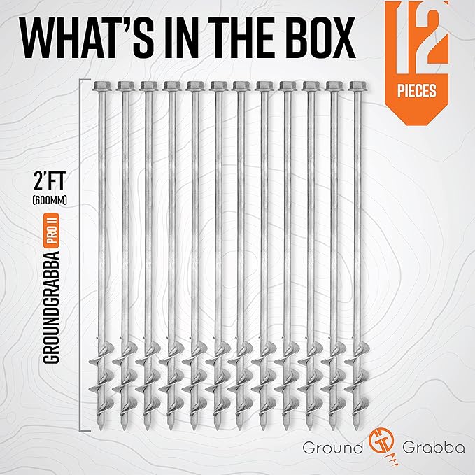 GROUNDGRABBA Screw in Tent Stake for Sand and Loose Ground | Premium Drill Driven Ground Anchor Earth Screws| 12x Pro II Stakes