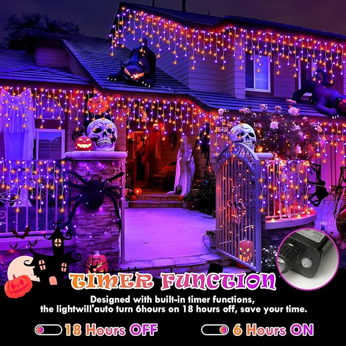 Heceltt 131FT 1280LED Halloween Lights DecorationOrange Purple Led String Lights Outdoor with 240 Drops8 Lighting ModesTimer Memory Function for Halloween Night Party Fence Yard Roof Decor