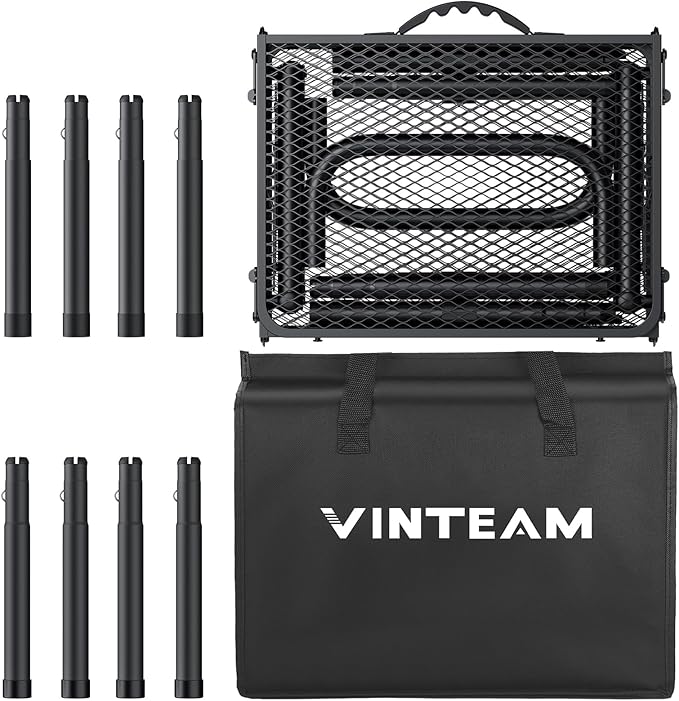 VINTEAM Folding Grill Table with Mesh Top 3 Adjustable Heights Lightweight Portable Camping Table Black Aluminum Alloy BBQ Picnic Table for Outdoor Cooking Tailgating Beach RV &amp Backyard