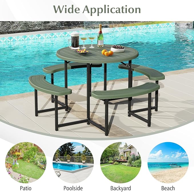 Giantex Picnic Table Bench Set for 4-8 Person Round 37” Outdoor Dining Table w/Umbrella Hole HDPE Tabletop Metal Frame Patio Furniture Set for Backyard Porch Lawn 1400lb Capacity (GreenRound)