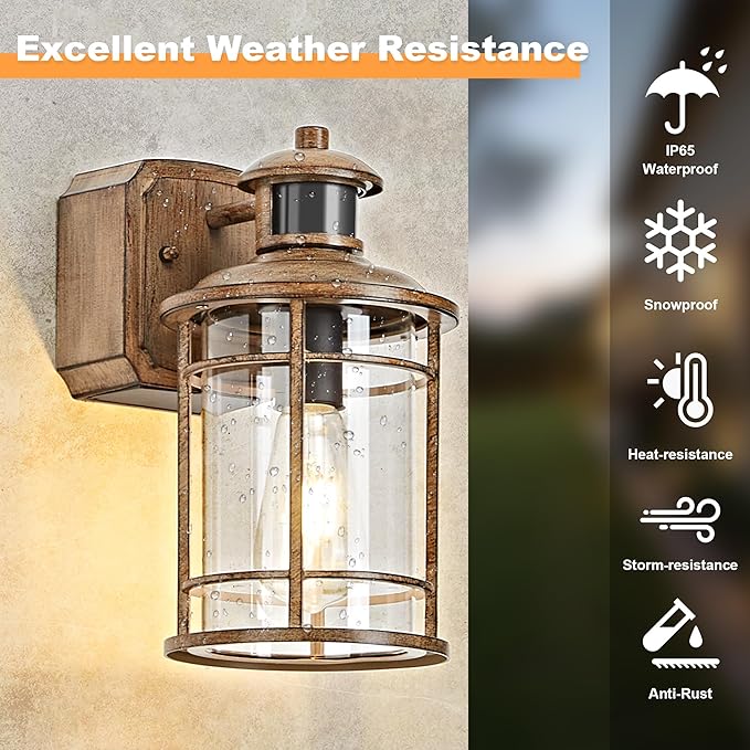 OKELI Upgraded Porch Lights with GFCI Outlet-Motion Sensor &amp Dusk to Dawn Outdoor Light Fixture3 Lighting Modes Waterproof Anti-Rust Faux Wood Grain Outdoor Lights for House Porch Garage (2 Pack