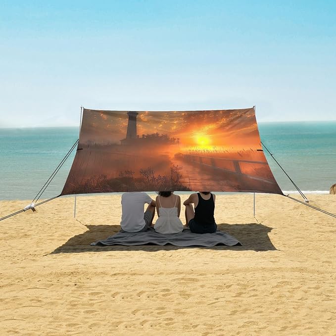 Beautiful Lighthouse Pattern Beach Tent Sun Shelter 9.2' x 10.5' Beach Canopy with 4 Sandbags 4 Stability Poles Sand Shovels - Tent Canopy for Beach Camping Fishing Picnics
