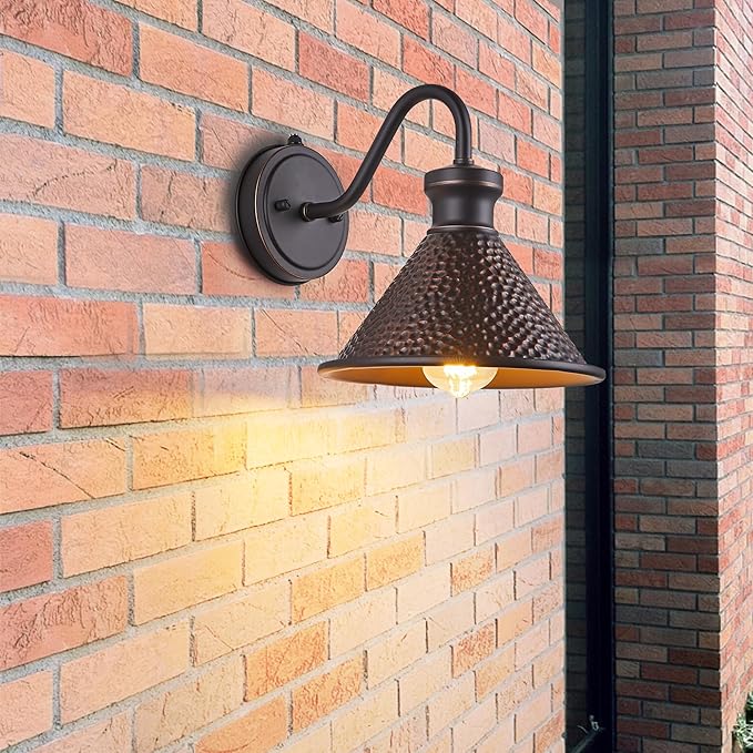 Dusk to Dawn Outdoor Gooseneck Wall Sconce with Dark Sky Cast Hammered Aluminum Shade in Oil Rubbed Bronze FinishAnti-Rust Waterproof Outdoor Light for Farmhouse Porch Garage1-Light E26