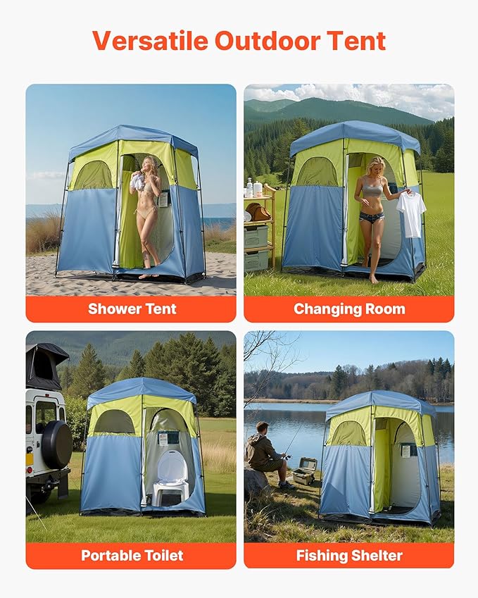 VEVOR Camping Shower Tent 2-Room Portable Privacy Tent Changing Room with Shower Bag Ground Stakes Ropes Carry Bag and Support Poles 150D Oxford Fabric with Silver Coating for Camping Fishing