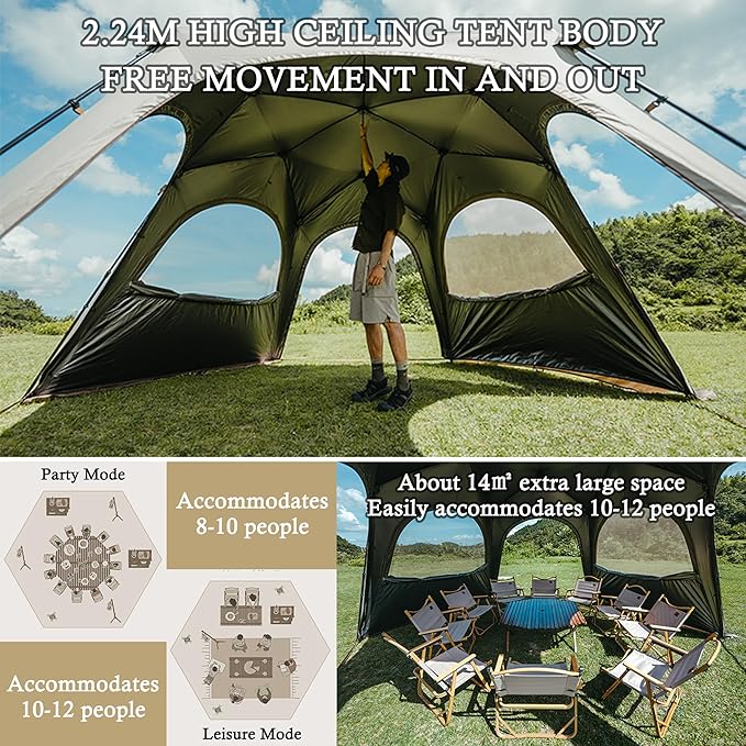 Naturehike Quarter/Hexagonal Camping Tent Canopy Sun ShadeOutdoor Tent for CampingFishingPicnics Canopy Available with Ground ClothDoor Curtains Connector (Connector Hex and Large)