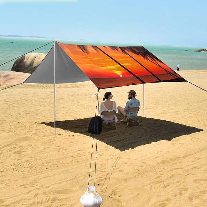 Beach Tent Sun Shelter Orange-red Sunset Coconut Tree Lightweight &amp Easy Setup Beach Shade Canopy for Camping Fishing