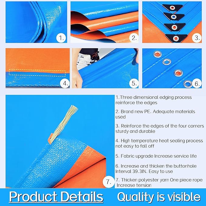 1 Pack Heavy Duty Waterproof Tarpaulin - Blue &amp Red Reinforced PE Tarp with Grommets10 Mil ThickUV Resistant Weatherproof Cover for Truck Camping &amp Construction (9 * 19FT)