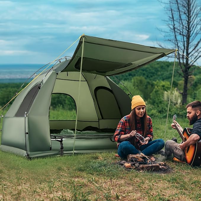 KOTEK 5-in-1 Tent Cot with Air Mattress Sleeping Bag Pillow Canopy Zippered Mesh Windows &amp Carry Bag Elevated Tent for Camping Hiking Traveling Picnic