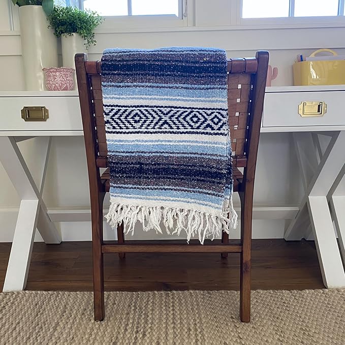 Del Mex Classic Mexican Blanket Large Authentic Woven Falsa Throw (70x50) Artisan Southwest Décor for Beach Yoga Outdoors (Light Blue)