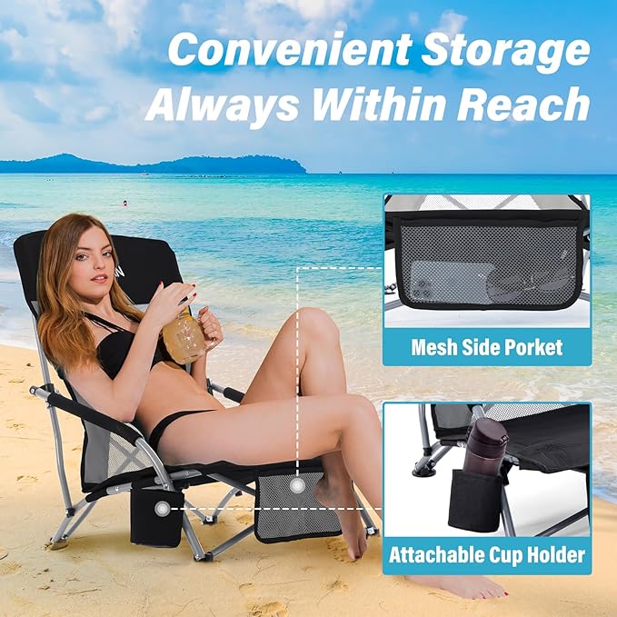 Homcosan Portable Low Folding Beach Chair - Lightweight Camping Chair for Adults with Cup Holder &amp Storage Pocket Carry Bag Included (Black &amp Gray)