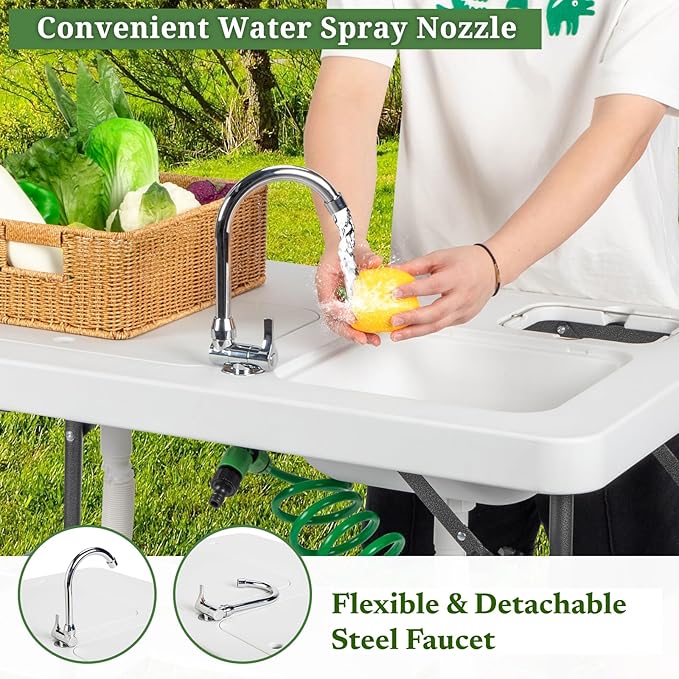 VINGLI Folding Fish Cleaning Table with 2 Sink Outdoor Portable Camping Table with Grid Rack &amp Sprayer Cutting Table with Drainage Hose Stainless Steel Faucet for Patio Backyard BBQ