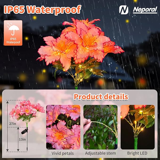 Neporal Solar Flowers Outdoor Waterproof Rhododendron Garden Solar Lights Decorative 4PK 7-Stem 2 Decor Lighting Modes Solar Powered Garden Decor Solar Yard Decor (Pink)